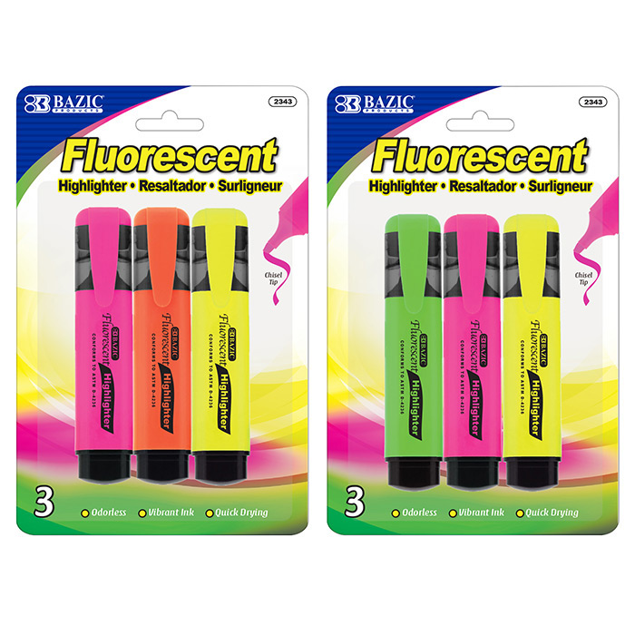 BAZIC Fluorescent Highlighters W Pocket Clip 3 Pack 2343